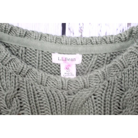 LL Bean Double L Cable Chunky Knit Sweater Crewneck Bay Leaf Size XL - Picture 7 of 9